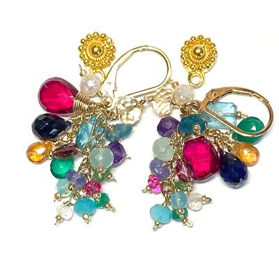 Rainbow Gemstone Cluster Dangle Earrings with Pink Red Topaz Gold Fill