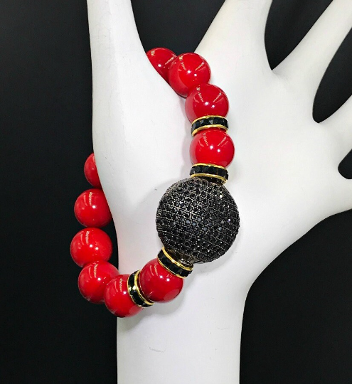 Red Statement Bracelet with Black Pave Crystals