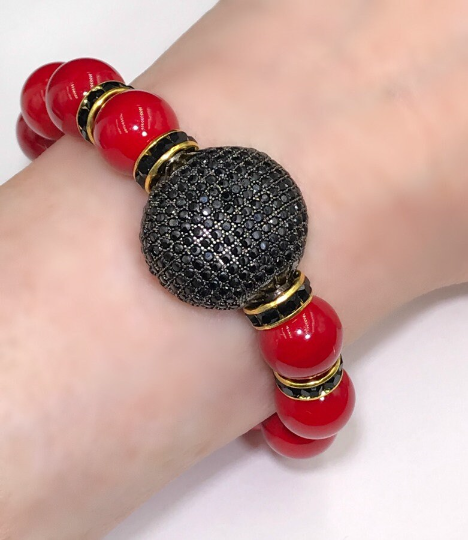 Red Statement Bracelet with Black Pave Crystals