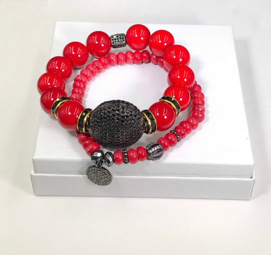Red Statement Bracelet with Black Pave Crystals