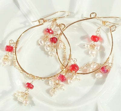 Ruby Red Opal Pearl Gold Fill Hoop Earrings