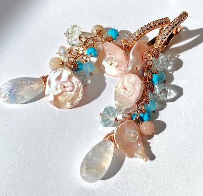 Moonstone and Blush Keishi Pearl Pastel Cascade Dangle Earrings