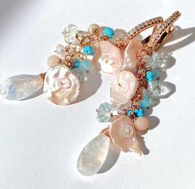 Long Gemstone Dangle Earrings Blush Keishi Pearl Rainbow Moonstone