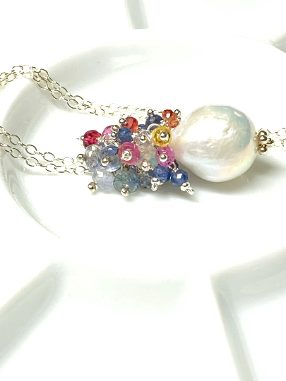 Sapphire and Opal Cascade Cluster Pearl Pendant, Sterling Silver