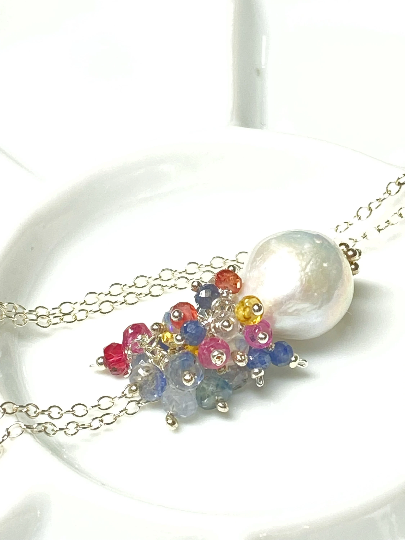 edison pearl sapphire cluster pendant