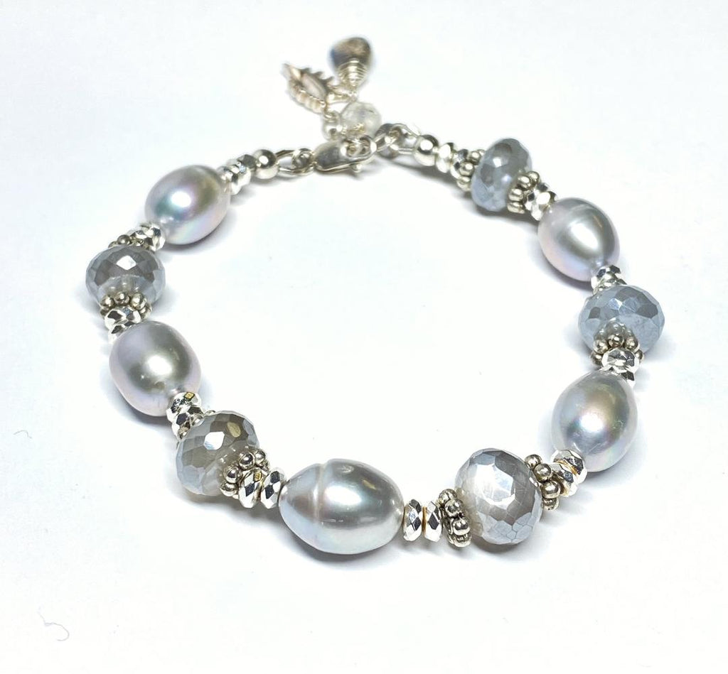 Grey Mystic Moonstone and Silver Gray Pearl Bracelet Sterling Silver