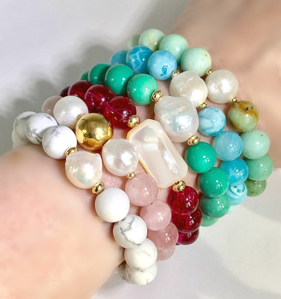 Blue Beaded Stretch Stacking Bracelet with Pearl, Blue Chalcedony