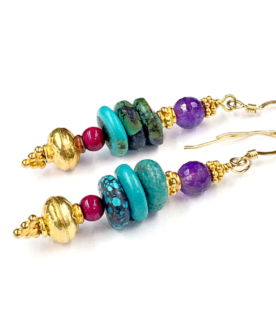 Turquoise Stacked Gemstone Earrings Amethyst Gold Vermeil - doolittlejewelry
