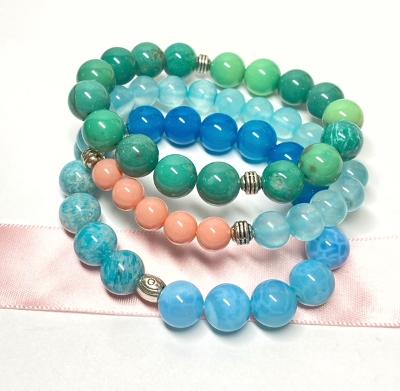 Boho Bracelet Stack Set of 3 Gemstone Coral, Aqua, Green, Blue, Silver