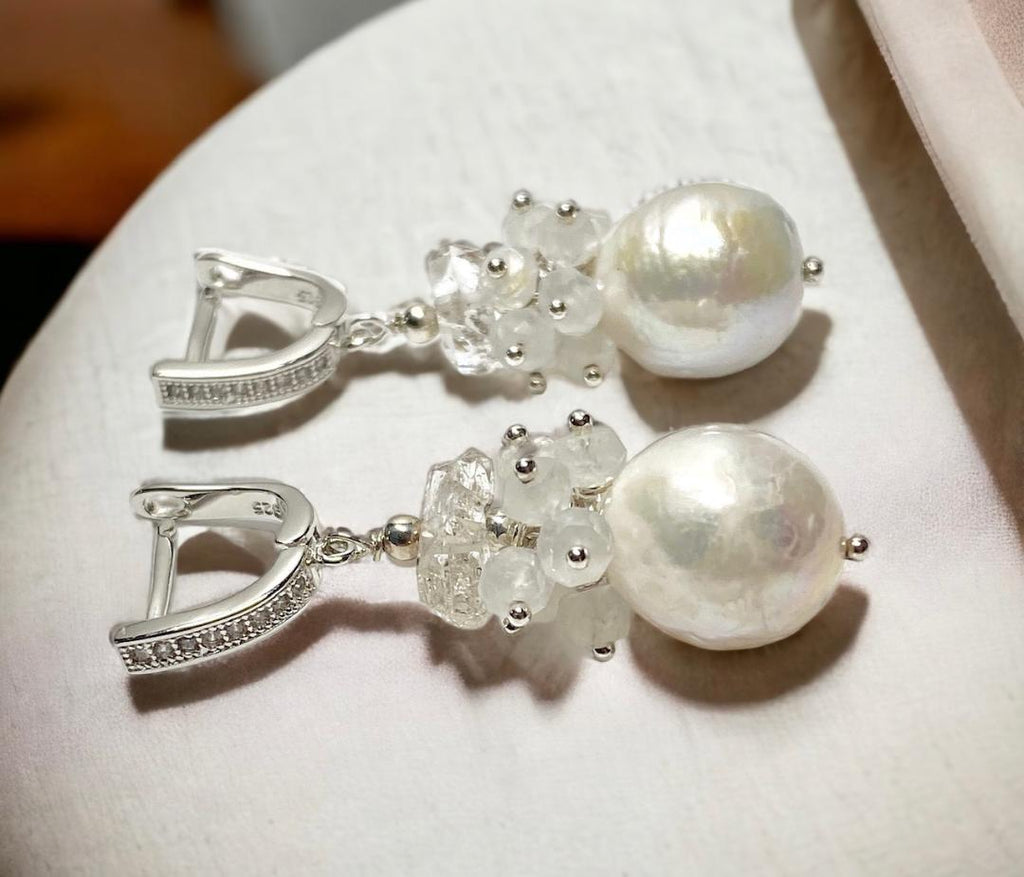 Herkimer Diamond, Edison Pearl, Moonstone Cluster Wedding Earrings