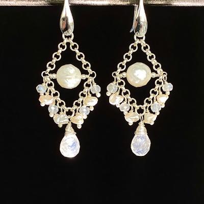 Sterling Silver Rainbow Moonstone Gemstone Bridal Chandelier Earrings - doolittlejewelry