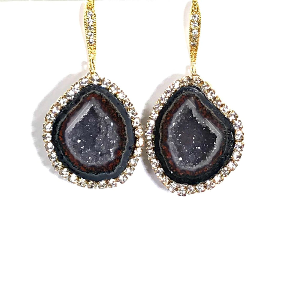 Black Tabasco Geode Earrings with Diamond Look Swarovski Crystals - doolittlejewelry