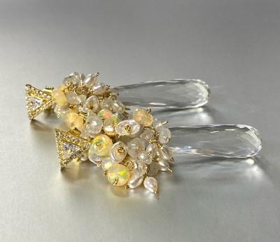 Crystal Quartz Opal and Moonstone Cluster Earrings Gold Post
