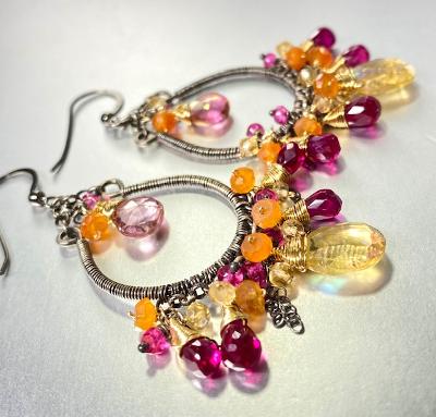 Multi-color Gemstone Hoop Earrings Mystic Citrine Hot Pink Quartz Oxidized Silver