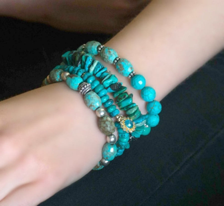 Gemstone, Turquoise, Stack and Stretch Gemstone Bracelet - doolittlejewelry