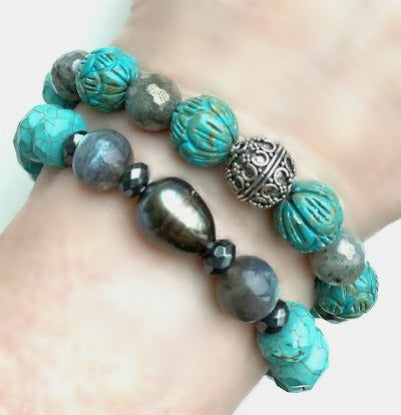 Stretch Bracelet Set of 2 Turquoise Labradorite Pearl Sterling Silver - doolittlejewelry