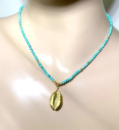 Dainty Turquoise Layering Necklace with Cowry Shell 24 kt Gold - doolittlejewelry