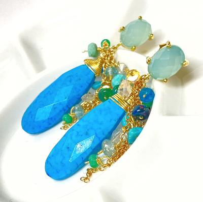 Turquoise, Opal, Colorful Gemstone Cluster Dangle Earrings