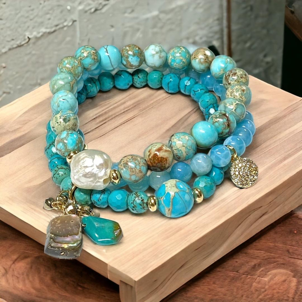 Turquoise, Imperial Jasper, Blue Chalcedony Stretch Stack Bracelet Set of 3