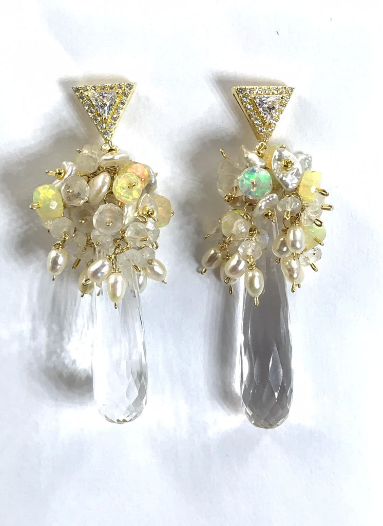 Crystal Quartz Opal and Moonstone Cluster Earrings Gold Post - doolittlejewelry