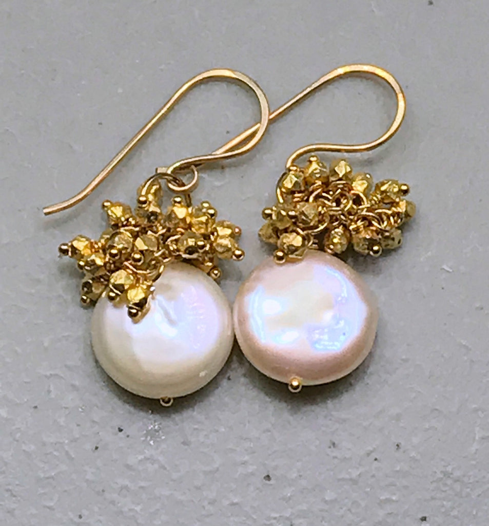 Ivory Coin Pearl Earrings with Gold Nugget Clusters - doolittlejewelry