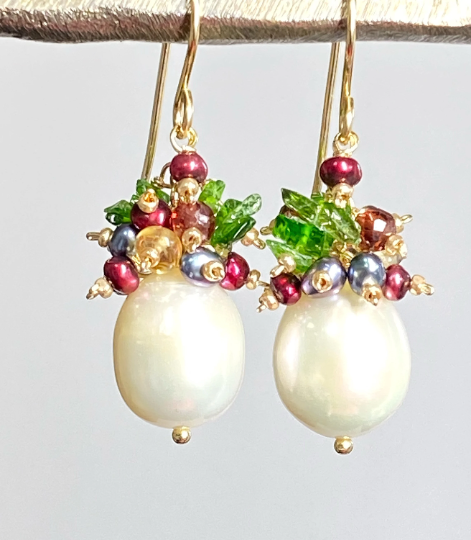 Christmas pearl earrings with citrine, red garnet, chrome diopside in gold fill