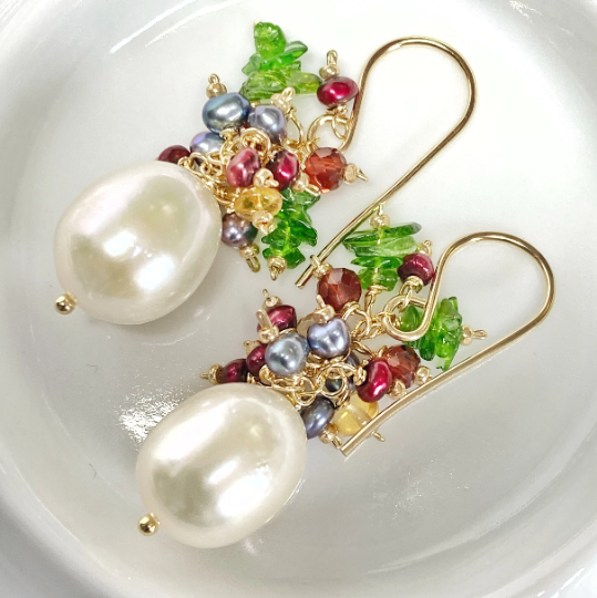 Pearl Cluster Earrings with Red, Green Gemstone Clusters