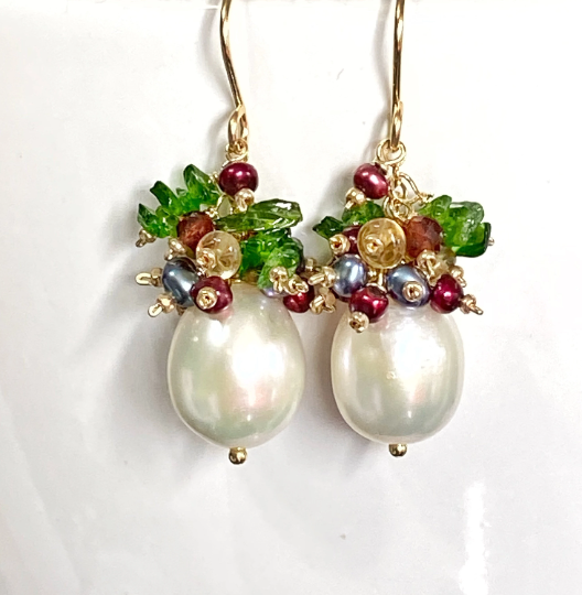 Pearl Cluster Earrings with Red, Green Gemstone Clusters