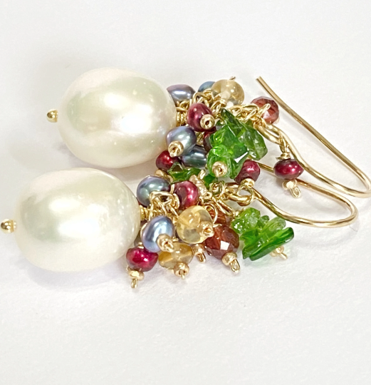 Pearl Cluster Earrings with Red, Green Gemstone Clusters