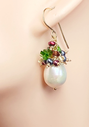 Pearl Cluster Earrings with Red, Green Gemstone Clusters